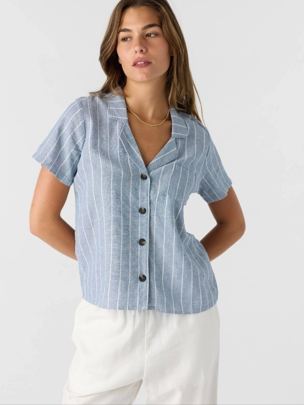 Hang Ten XXL Linen Blend Goldie Light Blue Striped Button Down Short Sleeve Top